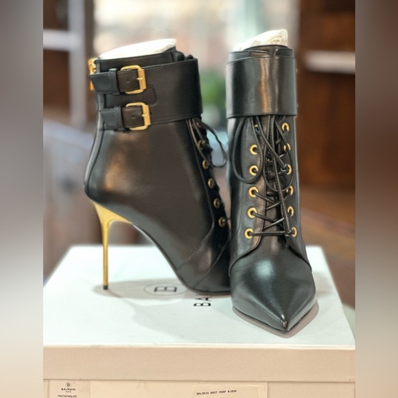 NIB Balmain Uria Leather Ankle Lace Zipper Buckle Boots Black Gold Heel 38 - Picture 4 of 16